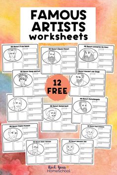 Twelve examples of free printable famous artists worksheets including Frida Kahlo, Rembrandt, Pablo Picasso, Jeff Koons, Michelangelo, Leonardo da Vinci, Andy Warhol, Claude Monet, Salvador Dali, Paul Cezanne, Vincent van Gogh, and Henri Matisse. Middle School Art Worksheets Free Printable, Art Vocabulary Worksheets, Art For Elementary, Art Worksheets Printables Middle School, Kindergarten Art Worksheets, Art History For Kids, Free Art Worksheets, Art History Worksheets, Drawing Sheets For Kids