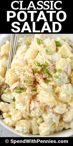 potato salad in a white bowl with the title overlay reading classic potato salad recipe