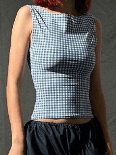 Casual One Piece Outfit, Blue And White Outfit, Slim Tank Top, Backless Tank Top, Corset Fashion, Design Moda, Plaid Outfits, Backless Top, Summer Crop Tops