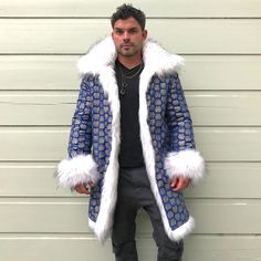 READY to SHIP -- 2 DAY Shipping! MAYAN BLUE Faux Fox Fur Coat (Unisex) READY TO SHIP! FUR: Canadian Fox Faux Fur LINING: Blue Cotton with Golden Finish Fur Weight/Thickness: Medium FEATURES: - reversible - enjoy 2 looks in one coat! - 4 big pockets: 2 on the fur side, 2 zipped pockets - on the lining side. - 4 hook closures - collar Model wears mens size M and his height is 5'10'' *Machine wash cold **Hang to dry See more options in our shop: https://www.etsy.com/shop/SHUBAdesigns Follow and tag Mens Faux Fur Coat, Fur Coat White, Men’s Fur Coat, Luxury Long Sleeve Fur Coat For Men, Faux Fox Fur Coat, Luxury Men's Faux Fur Outerwear, Fur Coat Men, White Faux Fur Coat, Collar Model