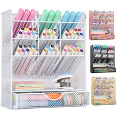 an organized desk with pens, markers and pencils