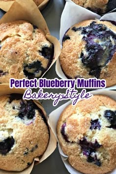 four blueberry muffins in paper cups with the words perfect blueberry muffins