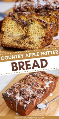 this is an image of a loaf of bread with apples on top and the words country apple fritter bread above it