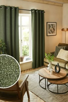 a living room with green curtains and furniture