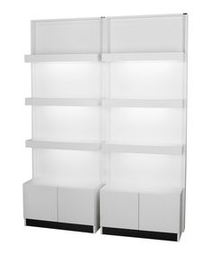 two white shelving units with shelves on each side