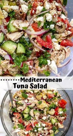 two pictures with different types of salads in them and the same one has tomatoes, cucumbers, onions, lettuce, and other vegetables