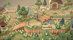 an artistic rendering of a small town with lots of trees and flowers on the land