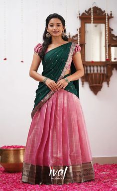 Purple Colour Langa Voni, Blouses For Half Saree Designs, Full Hand Lehenga Blouse, Half Sari Blouse Designs, Best Saree Blouse Combination, Half Saree Traditional Style, Blouse Designs For Half Sarees, Traditional Look Hairstyles, Poses On Half Saree