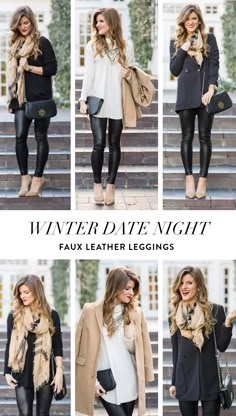 Date Night Outfits with faux leather ... Plaid Scarf Outfit, Faux Leather Leggings Outfit, Outfits Leggins, Winter Date Outfits, Night Outfits Winter, Winter Date Night Outfits, Leather Leggings Outfit, Winter Date Night