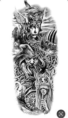 40 Times People Came Up With The Best Tattoo Designs Norse Mythology Tattoo Sleeve Men, Nordic Mythology Tattoo Sleeve, Norse Valkyrie Tattoo, Viking Tattoo Sleeve For Women, Viking Sleeve Tattoo Design, Odin Tattoo Design Norse Mythology, Valkyrie Tattoo Design Norse Mythology, Nordic Leg Sleeve, Viking Back Tattoo Men