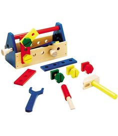 a wooden toy set with tools and construction equipment on it's side, including a hammer