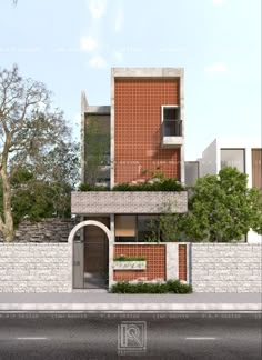 an architectural rendering of a modern house with brick walls and balconies on the second floor