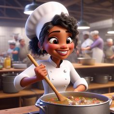 a cartoon character stirring a pot of soup with a wooden spoon in front of her