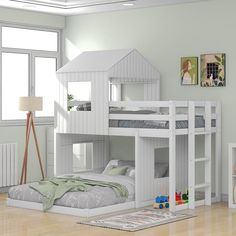 a white bunk bed sitting in a bedroom next to a window