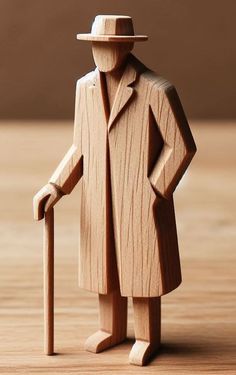 a wooden man with a hat and cane on a table in front of a brown background