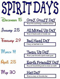 a poster with the words spirit days written in different colors and font on white paper