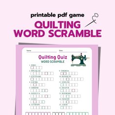 the printable sewing word scramble game is shown on top of a pink background with words and