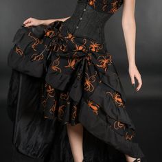 New Perfect For Halloween, Renaissance & Medieval Fairs, Steampunk, Victorian, Or Cosplay Events. Beautifully Detailed And Well Made Victorian Front Bustle Skirt. Imported From Prague. Side Zipper- Back Satin Ribbon Cinch Detail- Back Longer With Three Layers- Front Satin Ties Cinch To Create Front Bustle- Back Inner Panel Is Lined Black And Brown Cotton Octopus Fabric With Polyester Lining Women's Size Medium, Large, And Xl Length (Top To Shortest Bottom Hem Uncinched): 26.5 Inches- Longest Bot Black Steampunk Corset Dress For Halloween, Steampunk Costume Skirt In Black, Black Steampunk Skirt For Costume, Black Steampunk Skirt For Party, Steampunk Style Black Costume Skirt, Steampunk Black Corset Dress For Costume, Black Ruffled Skirt For Halloween, Fitted Black Skirt For Halloween, Black Punk Ruffled Skirt