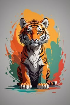 a tiger sitting on the ground with paint splatters around it