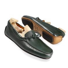 WOMEN DRIVING LOAFERS IN GREEN RUSTICALF Green Round Toe Moccasins For Galas, Green Leather Shoes For Galas, Green Leather Shoes With Almond Toe And Leather Lining, Green Slip-on Leather Shoes For Galas, Classic Green Leather Shoes For Galas, Green Leather Business Moccasins, Luxury Green Leather Shoes With Round Toe, Elegant Green Moccasins With Round Toe, Green Leather Shoes With Goodyear Welted Round Toe