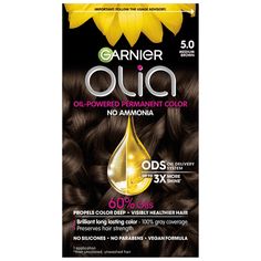 Garnier Olia Oil Powered Permanent Hair Color, 5.0 Medium Brown, Afraid of damage Garnier Olia Permanent Hair Color is an ammonia free formula that delivers brilliant long-lasting color and 100% gray coverage without compromising the health of your hair. Olia is free from ammonia, silicones, parabens, and phthalates. It's Leaping Bunny certified by Cruelty Free International and vegan - formulated without animal derived ingredients. Olia is powered by a 60% oil blend with sunflower and camellia Olia Hair Color, Garnier Hair Color, Medium Brown Hair Color, Ammonia Free Hair Color, Garnier Olia, Dark Golden Blonde, Bath & Body Works, Medium Brown Hair, Hair Tint