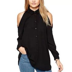 This oversized blouse can be dressed up with the perfect accessory or dressed down for a casual day PRODUCT DETAILS Runs true to size Long Chiffon Blouse, Black Chiffon Blouse, Chiffon Blouses, Cold Shoulder Shirt, Off Shoulder Fashion, Ladies Tops, Womens Clothes, Cold Shoulder Blouse, Chiffon Long Sleeve