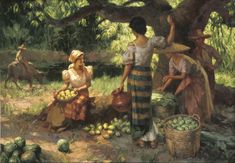 an oil painting of women picking fruit from the ground near a tree and other people