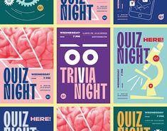 several posters with different font and colors on them, including one that says quiz night