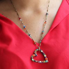 Michal Golan Open Heart Multicolor Necklace Cheap Beaded Necklace With Heart Pendant, Colorful Bohemian Jewelry With Heart Beads, Colorful Heart-shaped Round Beads Jewelry, Colorful Bohemian Heart Beads Jewelry, Heart Shaped Metal Jewelry With Beaded Chain, Multicolor Crystal Beaded Chain Jewelry, Heart-shaped Metal Beaded Chain Jewelry, Heart Pendant Jewelry With Colorful Beads For Gift, Heart-shaped Crystal Beaded Jewelry