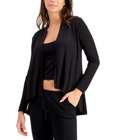 <ul>
 	<li>Super-soft and totally chic</li>
 	<li>Knit fabric</li>
 	<li>Open front; no closures</li>
 	<li>Long sleeves</li>
 	<li>Hits at mid thigh</li>
</ul> Versatile Open Front Solid Top, Open Front Loungewear Top For Fall, Cozy Stretch Black Tops, Versatile Black Loungewear Tops, Black Open Front Top For Layering, Black Open Front Top For Fall, Casual Stretch Cardigan For Night Out, Stretch Casual Cardigan For Night Out, Spring Black Modal Top