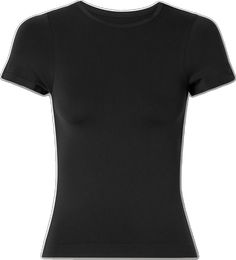 Athleisure Fitted Crew Neck T-shirt, Seamless High-stretch Scoop Neck T-shirt, Fitted Black Athleisure T-shirt, Seamless High Stretch Scoop Neck T-shirt, Casual Black Seamless T-shirt, Fitted Crew Neck Workout T-shirt, Fitted Crew Neck T-shirt For Workout, Fitted Jersey T-shirt For Sports, Athleisure Snug Fit Crew Neck T-shirt