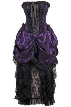 Overbust corset dress made of high quality taffeta and lace fabrics 10 Spiral Steel boned with 2 Flat steel bones Delicate lace detailing Ribbon tie closure at back for cinching Privacy Panel Lined Hand Wash Only Victorian Goth Dress Corsets, Purple Dress With Black Lace, Purple Gothic Dress, Purple And Black Outfits, Black And Purple Dress, Purple Sleeveless Dress, Panty And Stocking Anime, Lace Corset Dress, Purple And Black Dress