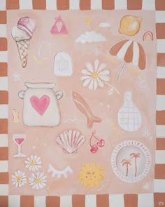 an image of a painting with different things on it in pink and white stripes,