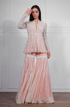 Ritika Mirchandani | Pink Gold Floral Embroidered Anarkali Set | INDIASPOPUP.COM Ritika Mirchandani, Pink Sharara, Embroidered Sharara, Sharara Designs, Net Embroidery, Kurta Sharara, Pakistani Dresses Casual, Traditional Indian Outfits, Designer Party Wear Dresses