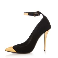 Elevate your style with these chic Black Gold ankle-strap heels. Featuring a pointed toe and stiletto heel design, these pumps exude sophistication and glamour for any special occasion. Color: Black and gold Heel Type: Stiletto heel Heel height: 4" / 100 mm approx Product measurements were taken using size 8. Please note that measurements may vary by size. Toe: Pointed toe Adjustable ankle strap design Metallic gold cap toe design Handcrafted US sizing. Fits true to size. Gold Ankle Strap Heels, Gold Cap, Gold Caps, Shoes And Sandals, Pumps Heels Stilettos, Heel Design, Ankle Strap Pumps, Strap Pumps, Gold Heels