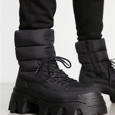 Asos Design Zip-Side Fastening Lace-Up Front Round Toe Chunky Sole Textured Tread Puffer Boots, Asos Shoes, Red Boots, Black Nylon, Black Nylons, Body Fit, Winter Rain, Well Dressed, Luxury Handbags