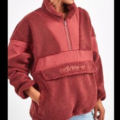 This Is Very Warm And Thick, It Is Also Very Oversized, Size Down, I Usually Wear A Medium And This Fits Me Great, Love This, It Is A Xs But I Am Going To Put Small Medium Because It Fits More Like That Cozy Sweatshirt With Pockets, Red Fleece Jacket For Fall, Casual Sherpa Sweatshirt For Fall, Red Fleece Long Sleeve Outerwear, Red Winter Tops With Pockets, Adidas Fleece Outerwear For Streetwear, Red Casual Fleece Jacket With Pockets, Casual Red Fleece Jacket With Pockets, Red Fleece Winter Outerwear