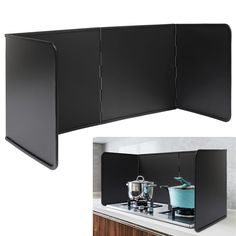 an image of a black kitchen cabinet with the door open to reveal it's contents