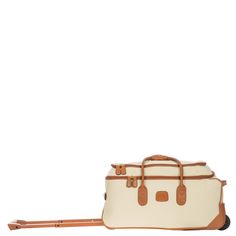 Cream Designer Travel Bag With Canvas Lining, Designer Coated Canvas Luggage With Leather Trim, Designer Luggage With Coated Canvas And Leather Handles, Designer Luggage With Leather Handles And Coated Canvas, Designer Coated Canvas Luggage With Leather Handles, Luxury Beige Bags With Canvas Lining, Luxury Beige Duffle Bag, Luxury Travel Bag With Lined Interior, Designer Travel Bag With Lined Interior