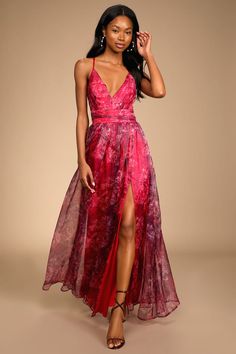 Magenta Floral Print Dress - Organza Maxi Gown - Plunge Dress - Lulus Organza Maxi Dress, Black Tie Dresses, Tie Dresses, Flowy Maxi Skirt, Dresses Lulus, Flowy Maxi Skirts, Black Tie Dress, Formal Dresses Gowns, Guest Attire