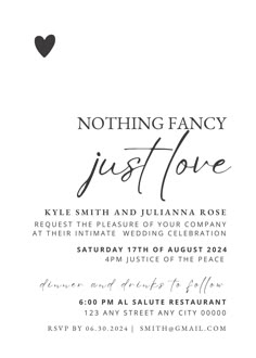 the wedding reception card is in black and white, with a heart on it's side