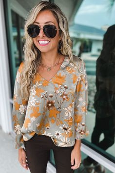 Green Floral Print Long Sleeve V Neck Blouse