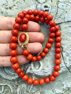 Simple and elegant Sardinia coral bead necklace with an 18k yellow gold clasp! Total Weight: 45.86 grams Necklace Length: 17 inch 18k gold clasp: 18.8mm x 13.7mm Precious Metal: 18k gold Precious stones: -Coral Round Beads: 8.1mm to 9mm diameter -Coral Faceted Oval: 12..3mm x 8.5mm Formal Coral Single Strand Beaded Necklace, Formal Single Strand Red Coral Necklace, Elegant Orange Hand-strung Necklace, Elegant Single Strand Red Coral Necklaces, Elegant Single Strand Red Coral Necklace, Luxury Red Coral Necklaces, Luxury Red Coral Necklace, Formal Coral Single Strand Jewelry, Elegant Red Coral Round Necklace