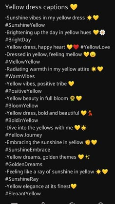 the yellow dress caption is written on a black background with hearts and other emoticions