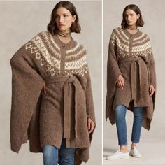 Merging A Cape-Poncho Silhouette With The Styling Of A Cardigan, This Jumper Features A Cosy Boucl Texture And A Fair Isle Yoke. Made From High-Quality Alpaca Wool Material And Knit Fabric Type, This Sweater Is Not Only Stylish But Also Comfortable To Wear. The Cape-Poncho-Cardigan Design And Classic Belted Style Make It A Versatile Piece That Can Be Paired With Any Outfit. Whether You're Going For A Bohemian Or Retro Look, This Cardigan Is Sure To Make A Statement. Size: M/L Color: Mushroom (Li Poncho Cardigan, Cardigan Design, Polo Ralph Lauren Sweater, Wool Cape, Poncho Cape, Ralph Lauren Sweaters, Shrug Sweater, Alpaca Wool, Batwing Sleeve