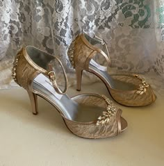 "COLORS: *CHAMPAGNE/GOLD, *Ivory/gold, *Off-white/gold, *White/Silver, *Silver/Silver, Off-white Silver.* the center adornment will be the same as the one on the video only. HEEL: 3 1/2\" inches heel US SIZES: B5, 5.5, 6, 6.5, 7, 7.5, 8, 8.5, 9, 9.5, 10, and 11. FINAL SALE! NO RETURNS, NO EXCHANGES, PLEASE CONTACT FOR ANY QUESTIONS, OR HELP YOURSELF WITH SIZING GUIDE PICTURED ABOVE. SHOES CAN NOT BE RETURNED OR EXCHANGED; I'll make all the efforts to help you have a pleasant shopping experience; Gold Open Heel Elegant Heels, Gold Elegant Heels With Round Toe, Gold Ankle Strap Wedding Shoes, Elegant Gold Wedding Shoes For Formal Occasions, Gold 4-inch Heel Closed Toe Heels, Gold High Heel Wedding Shoes For Evening, Gold Closed Toe Heels With 4-inch Heel, Gold Open Toe Heels For Wedding, Elegant Gold Wedding Shoes For Evening