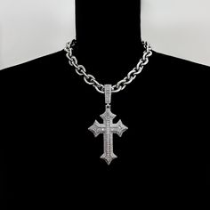 * Stainless Steel Chain & Cubic Zirconia Charm * Includes a 3" extension for adjustability Diamond Jewerly, Large Cross Necklace, Custom Fitted Hats, Jewelry Tattoo, Silver Cross Pendant, Cross Chain, Chunky Jewelry, Girly Accessories, Expensive Jewelry