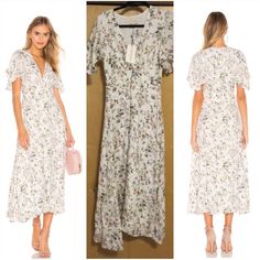 Divine Heritage Floral Midi Dress White V-neck Maxi Dress For Spring, White Midi Dress For Spring, White Floral Print V-neck Midi Dress, White Floral Midi Dress For Summer, White Floral Midi Length Dress, White V-neck Midi Dress With Floral Print, White Fitted Maxi Floral Dress, White Fitted Floral Maxi Dress, Fitted White Maxi Dress With Floral Print