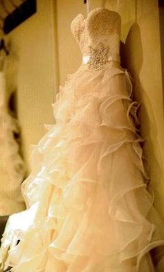 a wedding dress hanging up on a wall