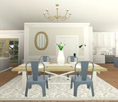 a large dining table with chairs around it in a room that has white walls and wood floors